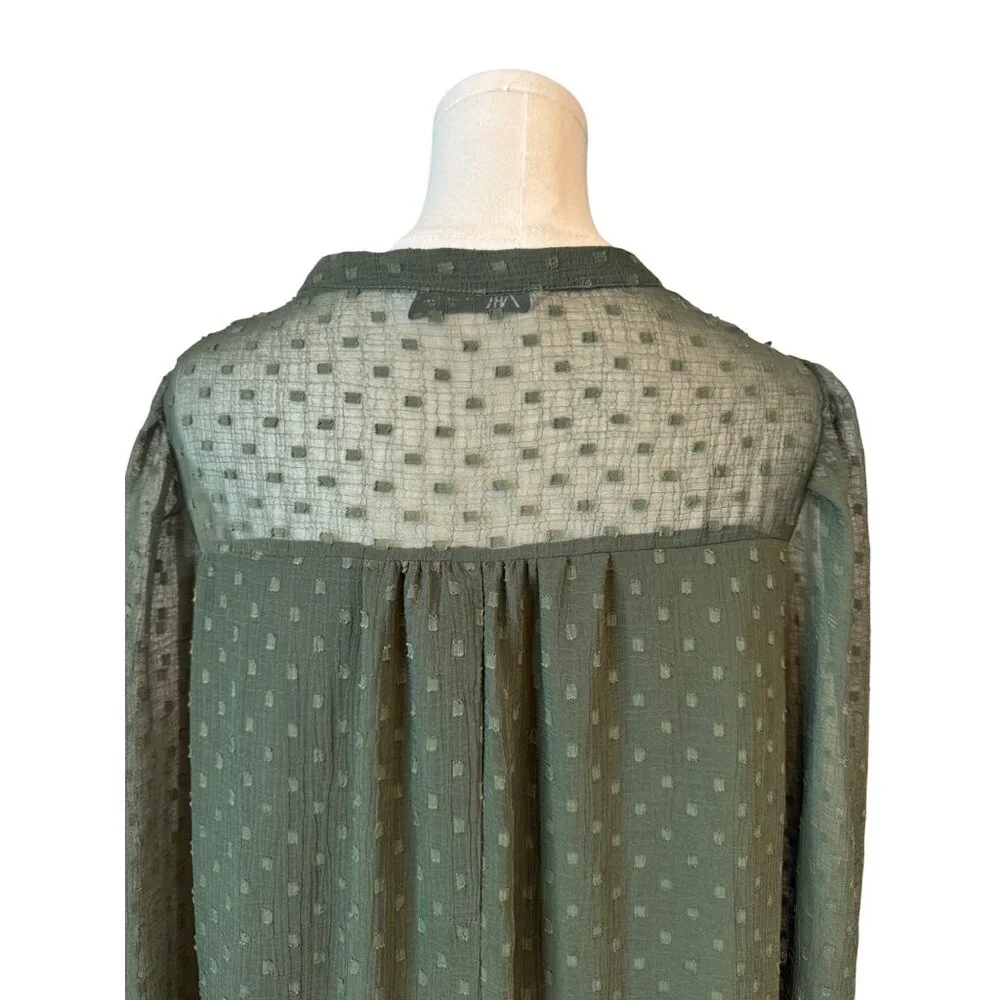 2/$30 ZARA Olive Green Small Sheer Textured Long Sleeve Dress - Picture 9 of 15